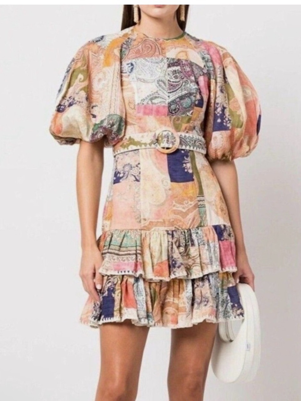 Zimmermann Patchwork Puff-Sleeve Mini Dress - Pink, Blue, Green, Cream